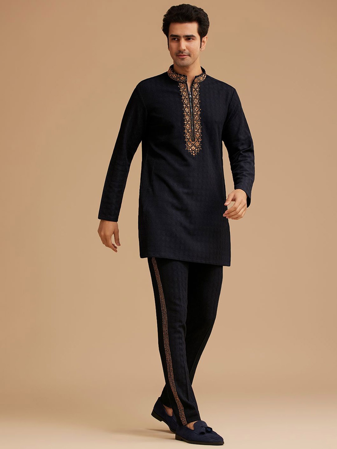 

KALKI Fashion Men Ethnic Motifs Embroidered Regular Beads and Stones Kurta with Trousers, Blue