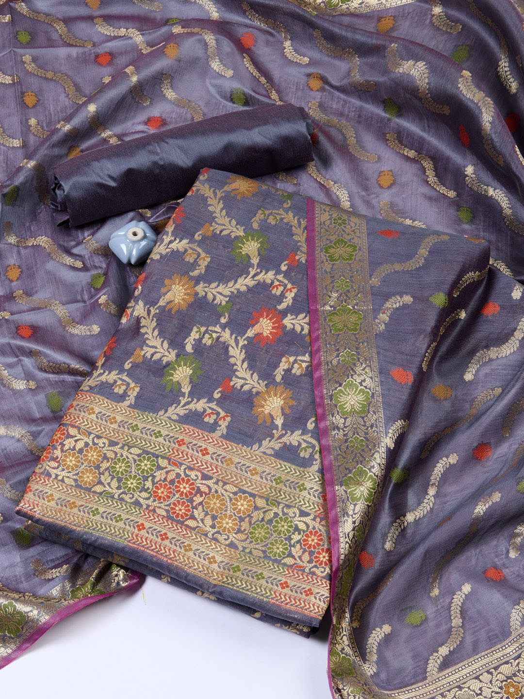 

Meena Bazaar Art Silk Unstitched Dress Material, Grey