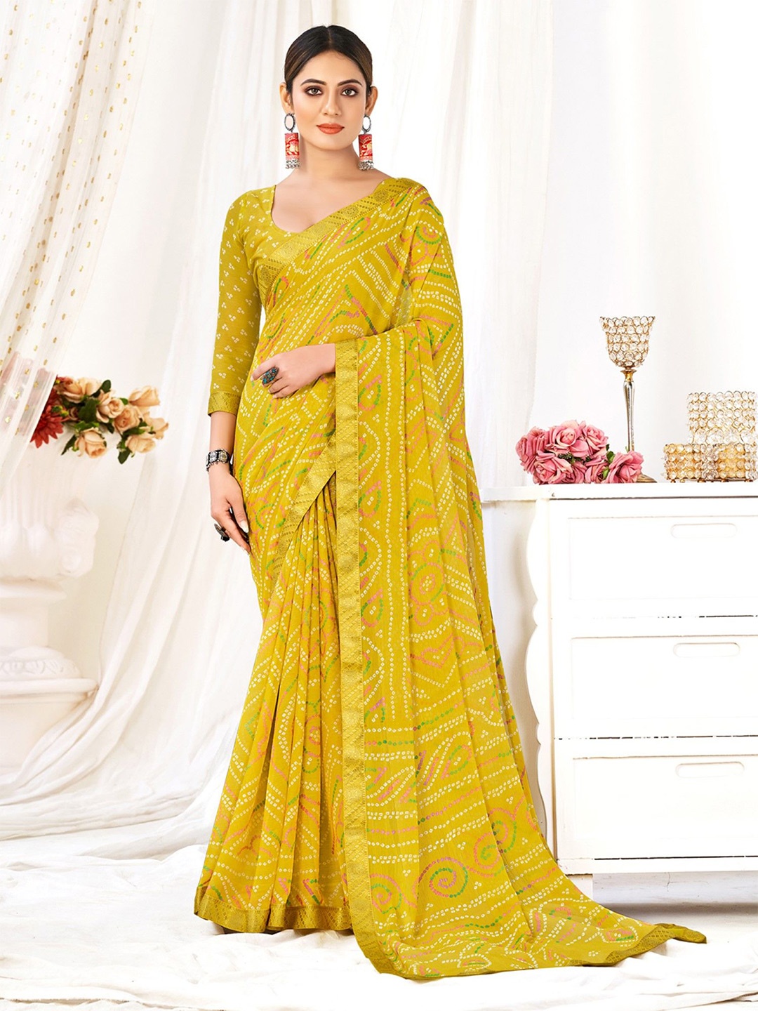 

LeeliPeeri Designer Bandhani Poly Chiffon Saree, Yellow