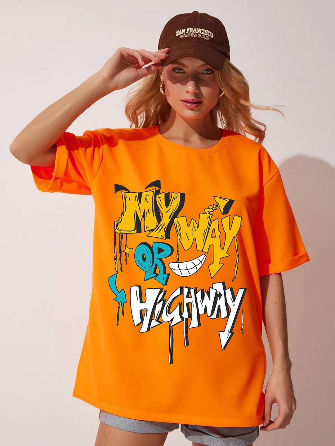 

RAYACLOSET Women Printed Extended Sleeves Applique T-shirt, Orange