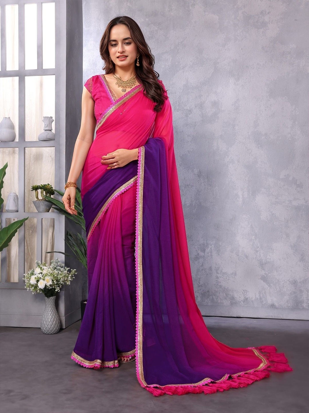 

Moda Rapido Colourblocked Poly Georgette Saree, Pink