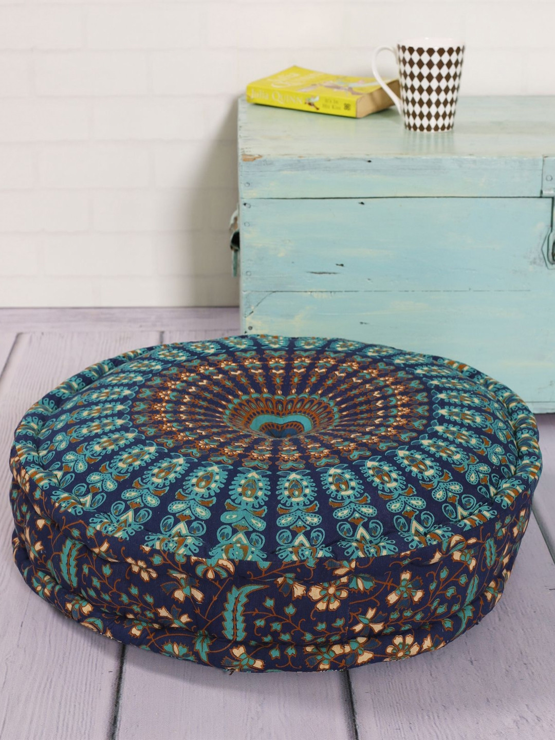 

HANDICRAFT PALACE Blue & Brown Mandala Printed Round Pure Cotton Floor Cushion