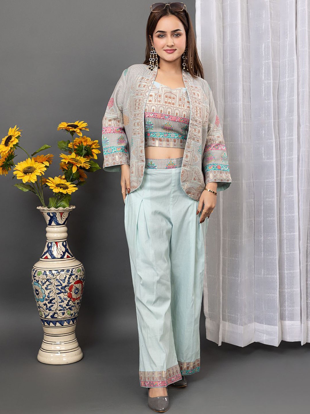 

KIDAR Woven Design Top & Waistcoat With Palazzo, Blue