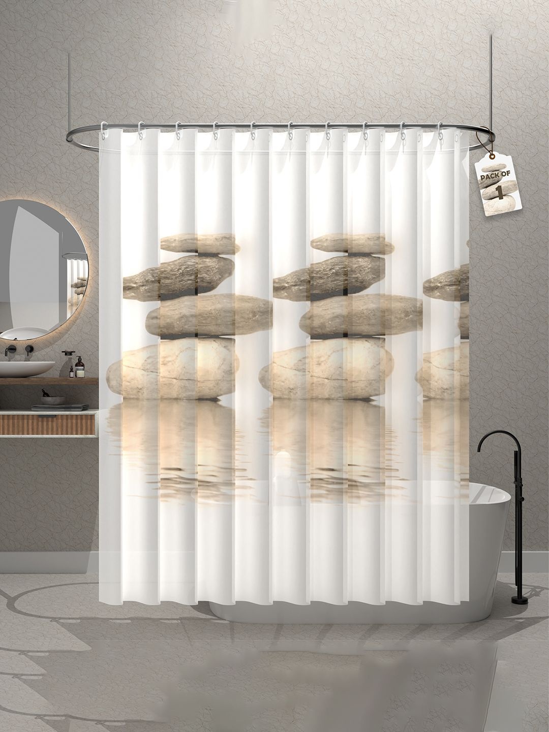 

Aura Aura White & Grey Stone Printed Waterproof Shower Curtains With 12 Rings