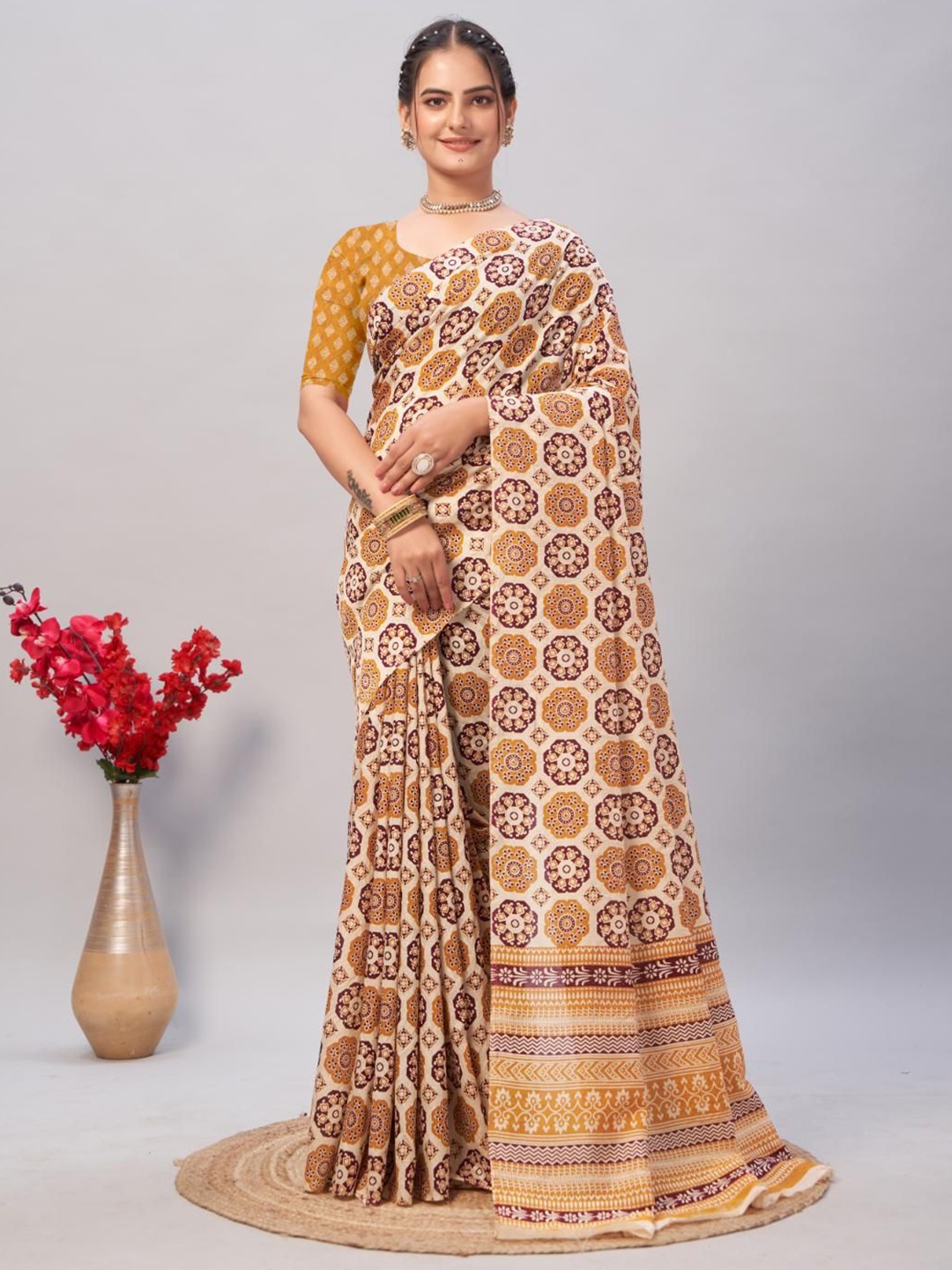 

HERE&NOW Ajrak Block Block Print Saree, Yellow