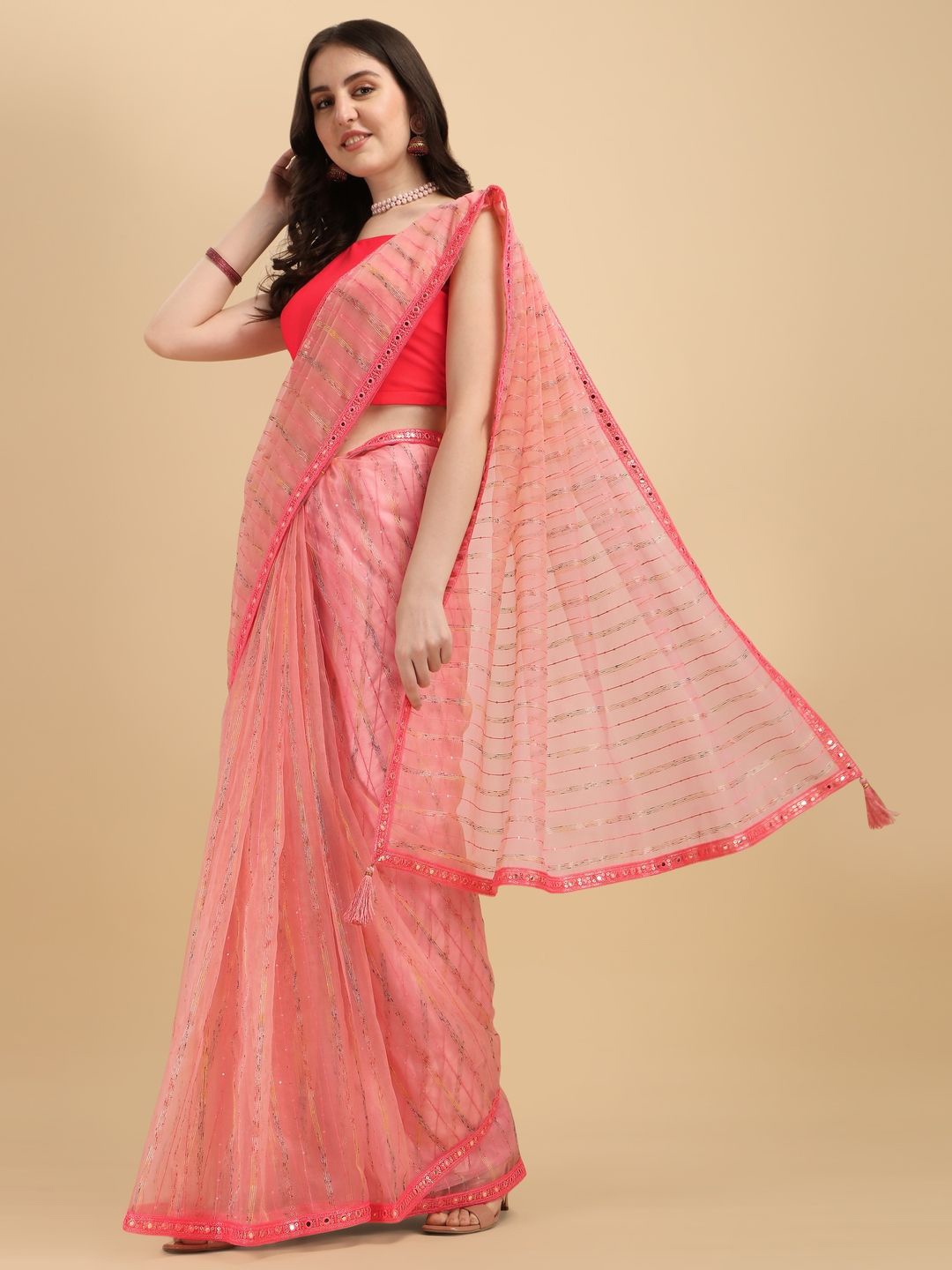 

Suha Embellished Sequinned Art Silk Saree, Pink