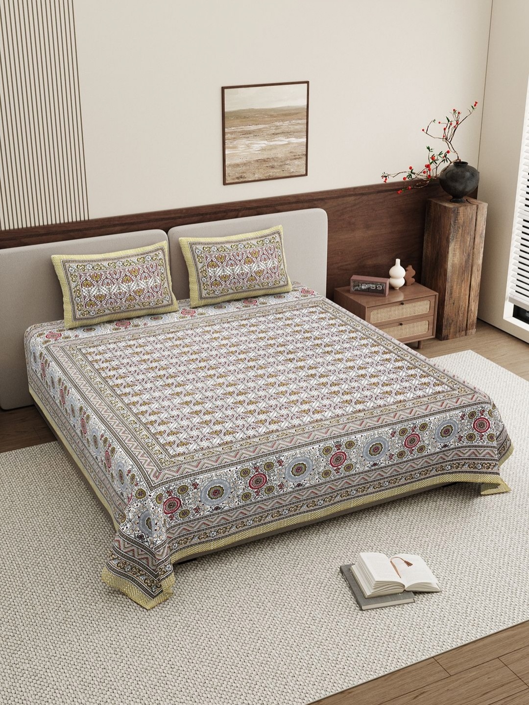 

BELLA CASA Yellow & White Geometric 250 TC King Bedsheet with 2 Pillow Covers