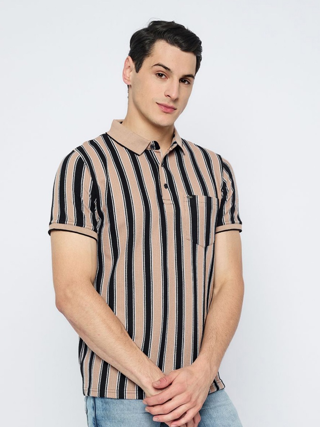 

ARRAY Men Striped Polo Collar T-shirt, Brown