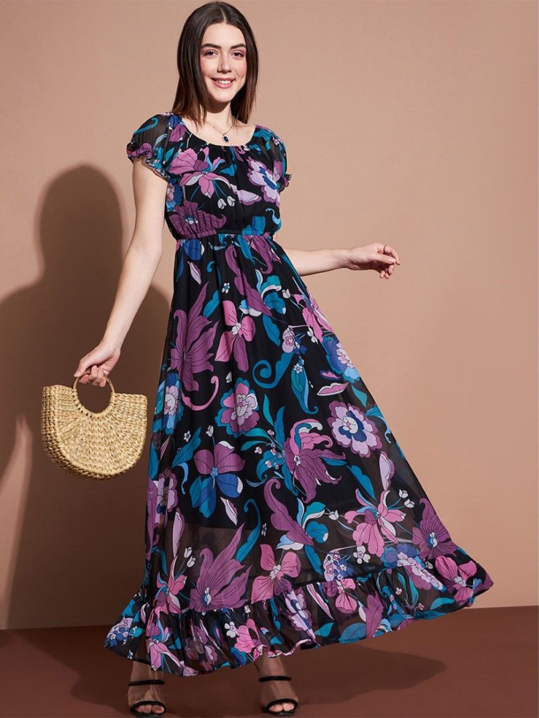 

Jash Creation Print Puff Sleeve Applique Georgette Fit & Flare Maxi Dress, Black