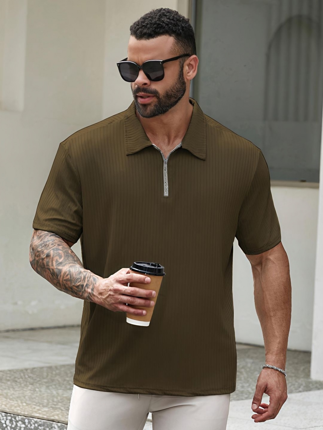 

madfrog Men Polo Collar Pockets T-shirt, Olive