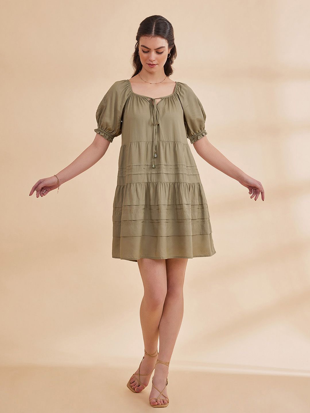 

B77 Embroidered Puff Sleeve Satin A-Line Dress, Green