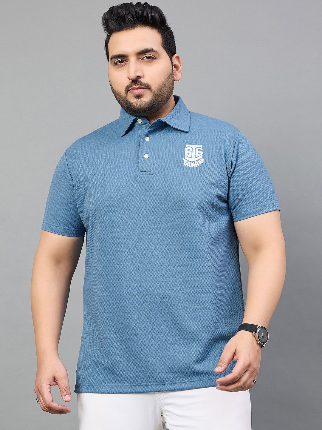 

bigbanana Men Polo Collar Bio Finish Applique T-shirt, Blue