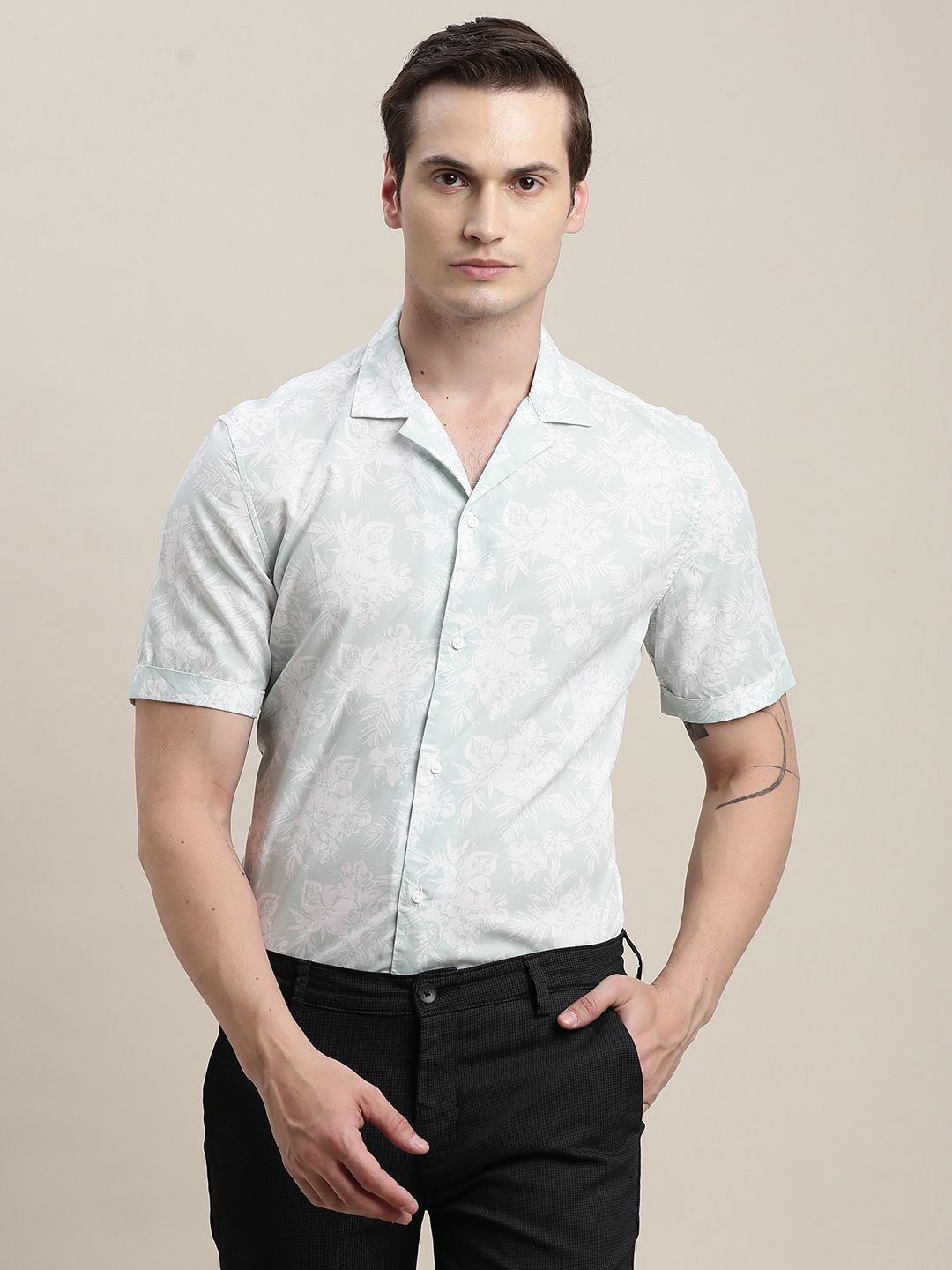 

Turtle Men Relaxed Fit Cuban Collar Floral Printed Cotton Casual Shirt, Grey