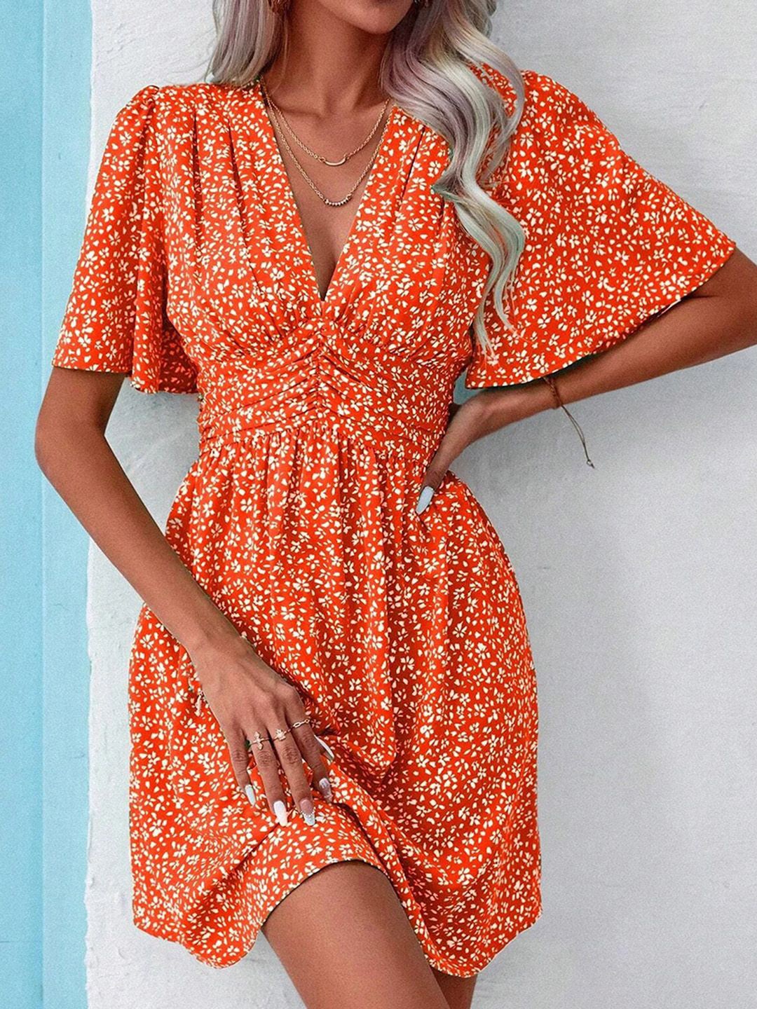

JC Mode Floral Print Puff Sleeve Dress, Orange