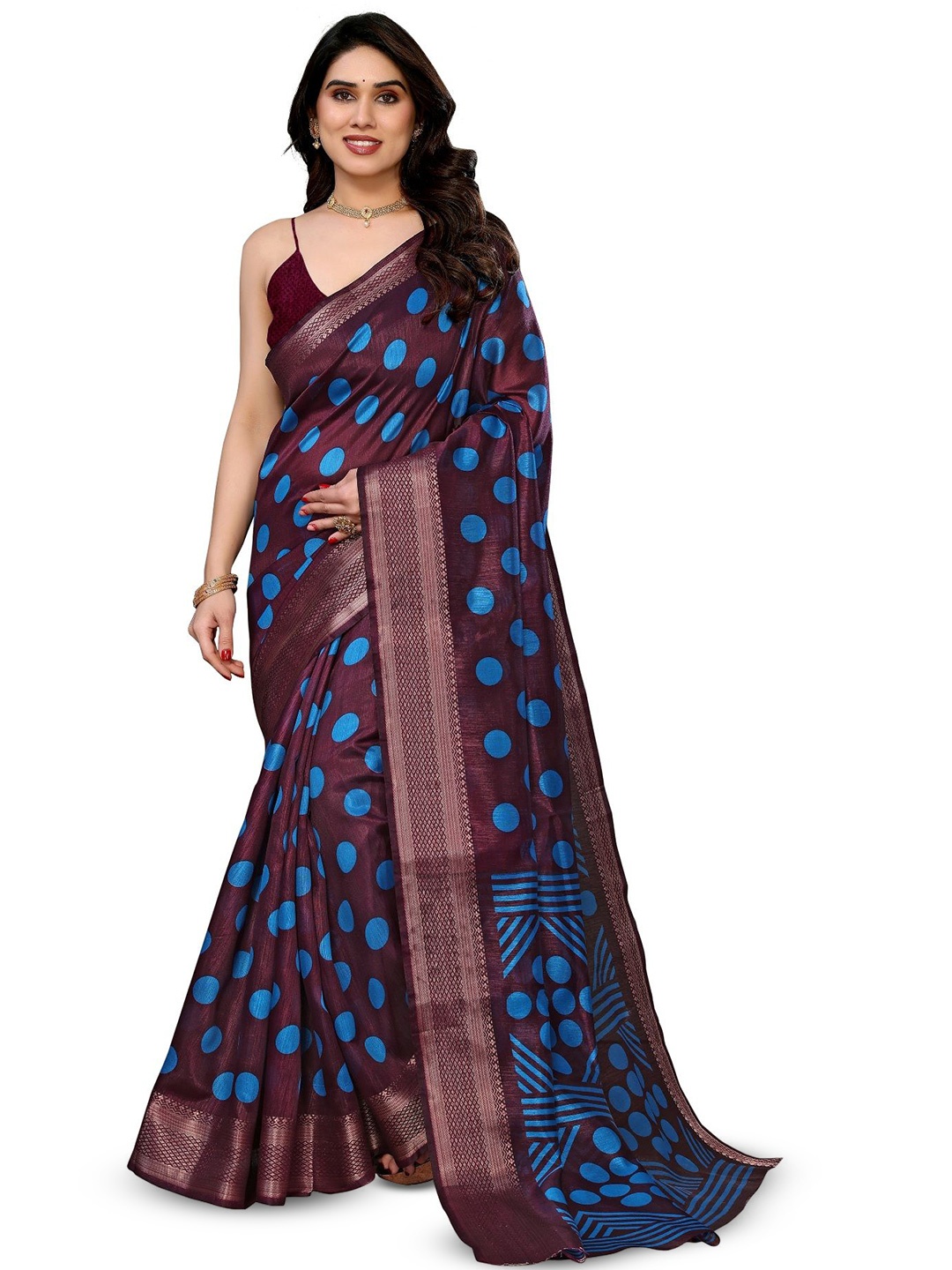 

Moda Rapido Polka Dot Zari Saree, Burgundy