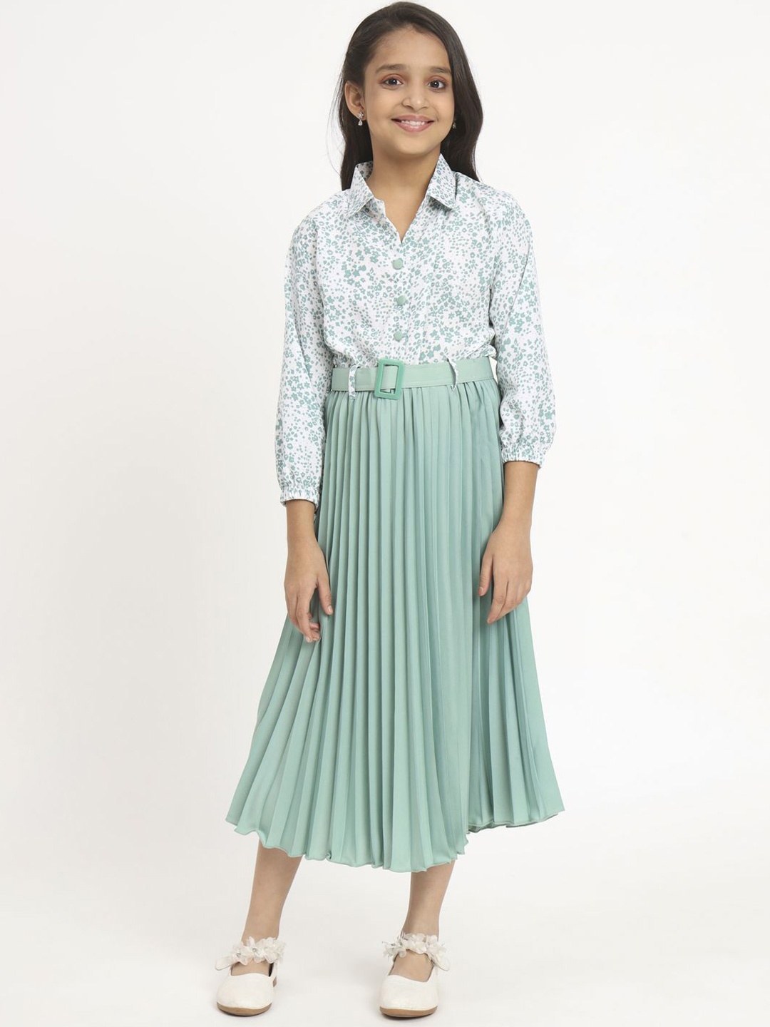 

OTABU Print Puff Sleeve Applique A-Line Midi Dress, Fluorescent green