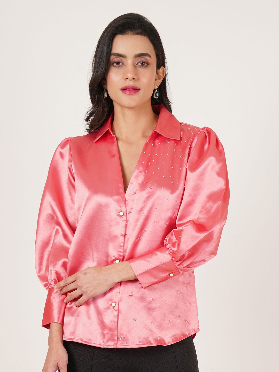 

U&F Women Original Slim Fit Opaque Printed Party Shirt, Peach