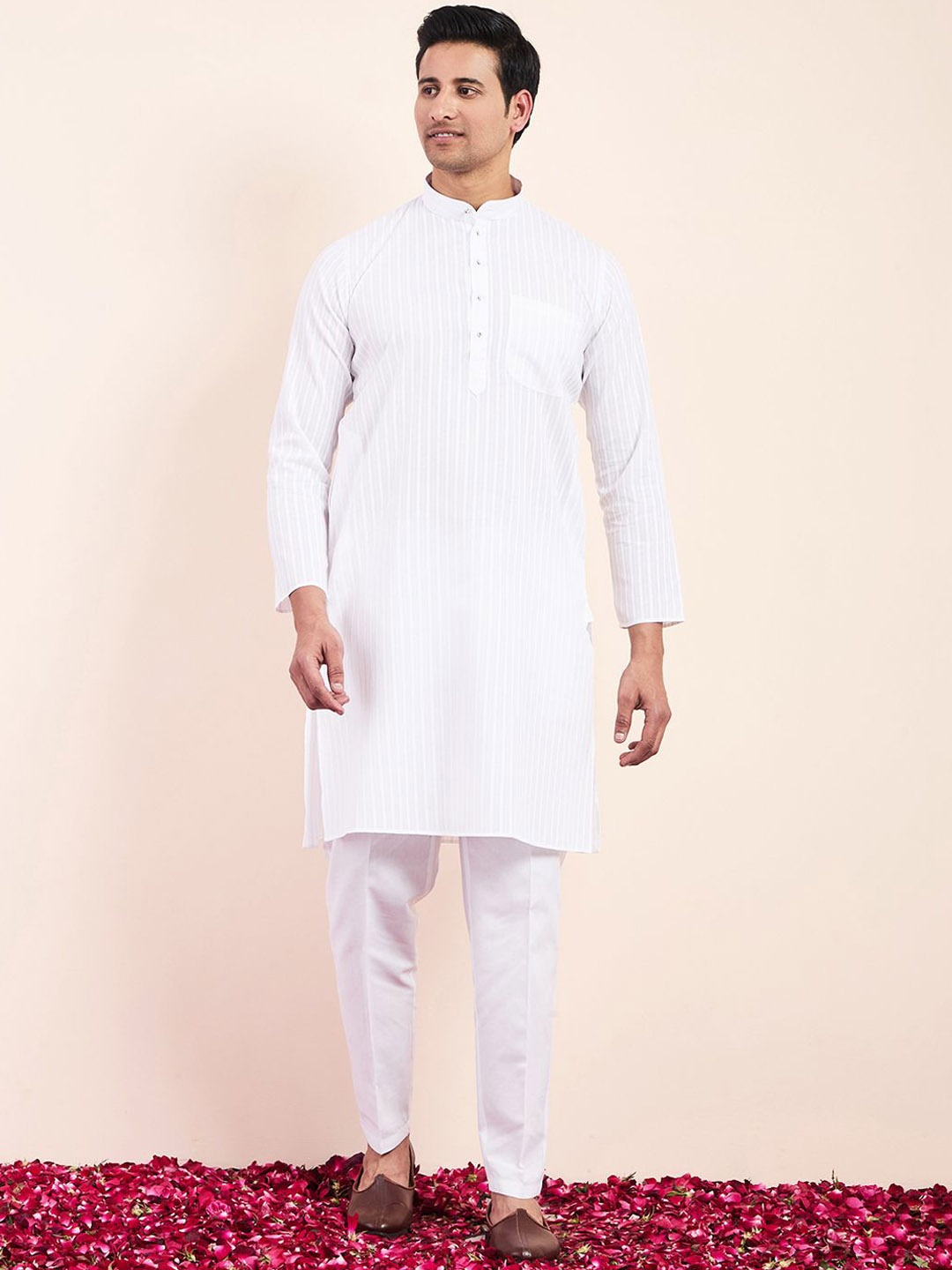 

Satwaa Striped Mandarin Collar Straight Cotton Kurta, White
