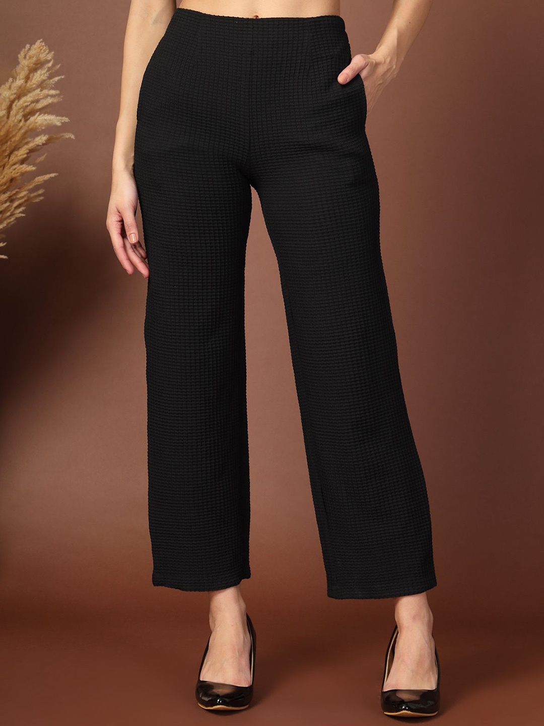 

KATLINE Women Relaxed Straight Leg Straight Fit Easy Wash Trousers, Black