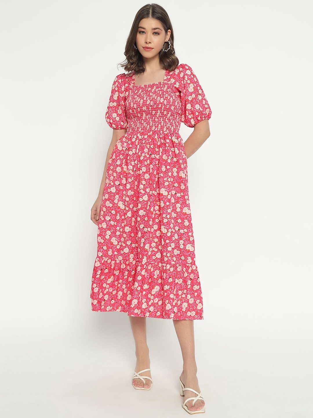 

Raiyani Fashion Floral Print Applique Crepe Fit & Flare Midi Dress, Peach