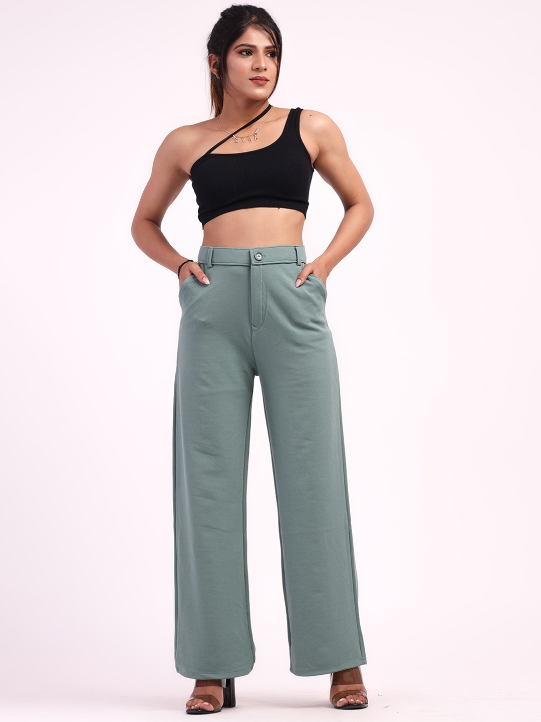 

HIGH BUY Women Relaxed High-Rise Pleated Trousers, Sea green