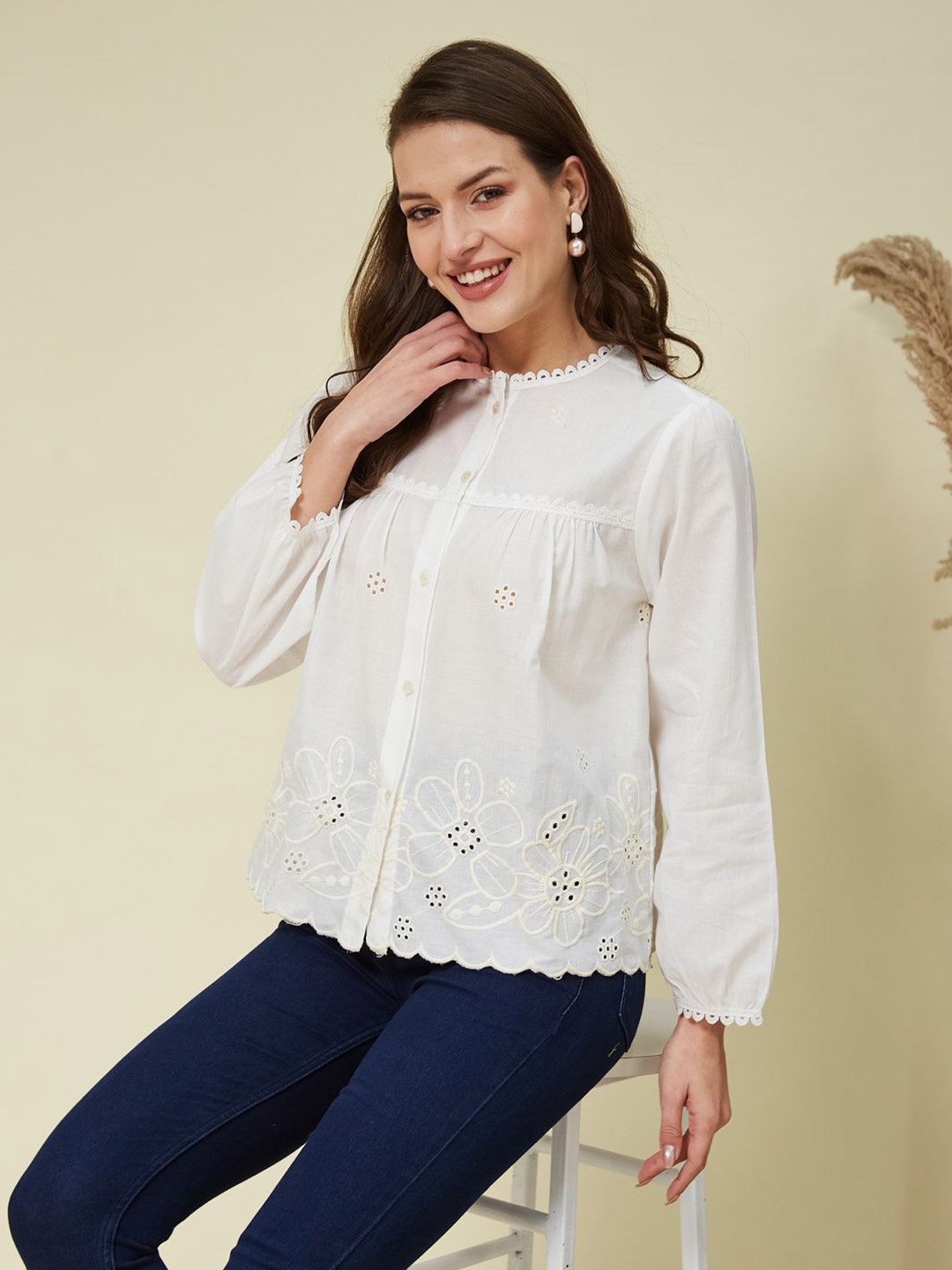 

J Turritopsis Women Relaxed Floral Embroidered Pure Cotton Casual Shirt, White