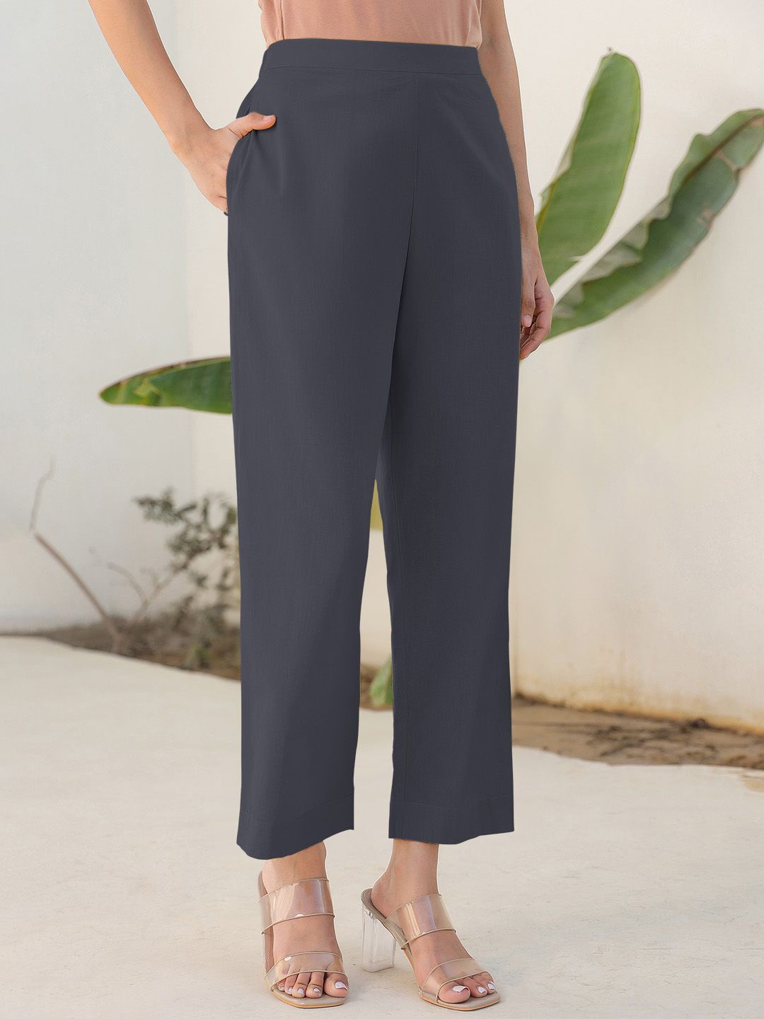 

Janasya Women Cotton Solid Straight Pant, Grey