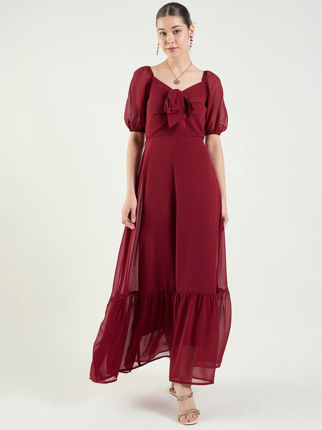 

aayu Puff Sleeve Layered Georgette Maxi Dress, Maroon