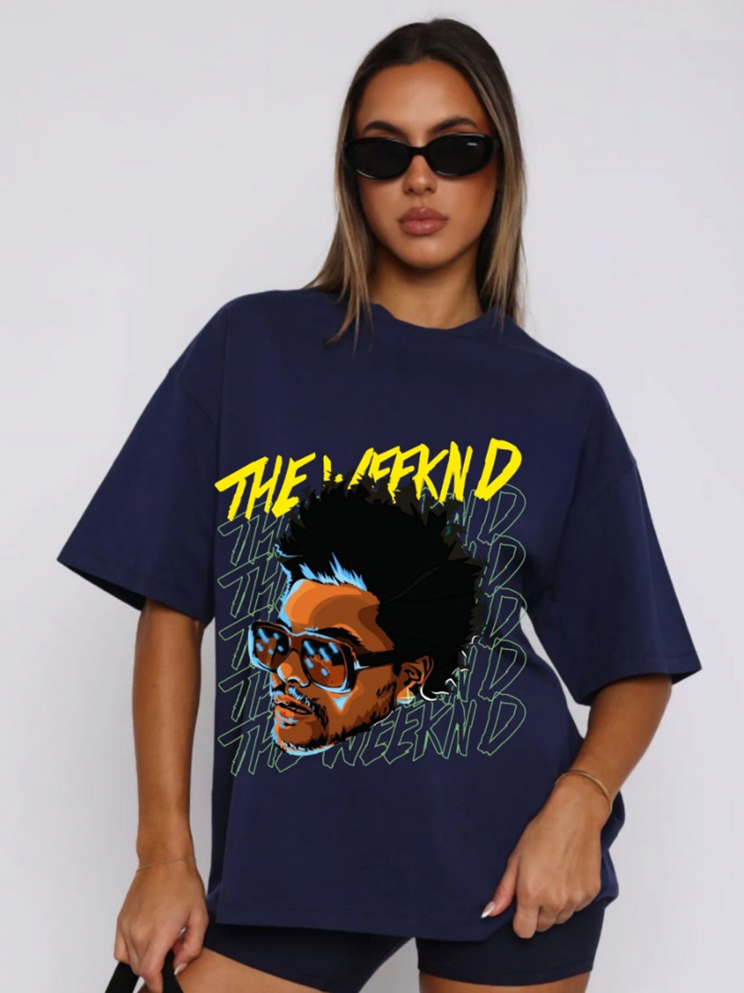 

RAYACLOSET Women Printed Applique T-shirt, Navy blue