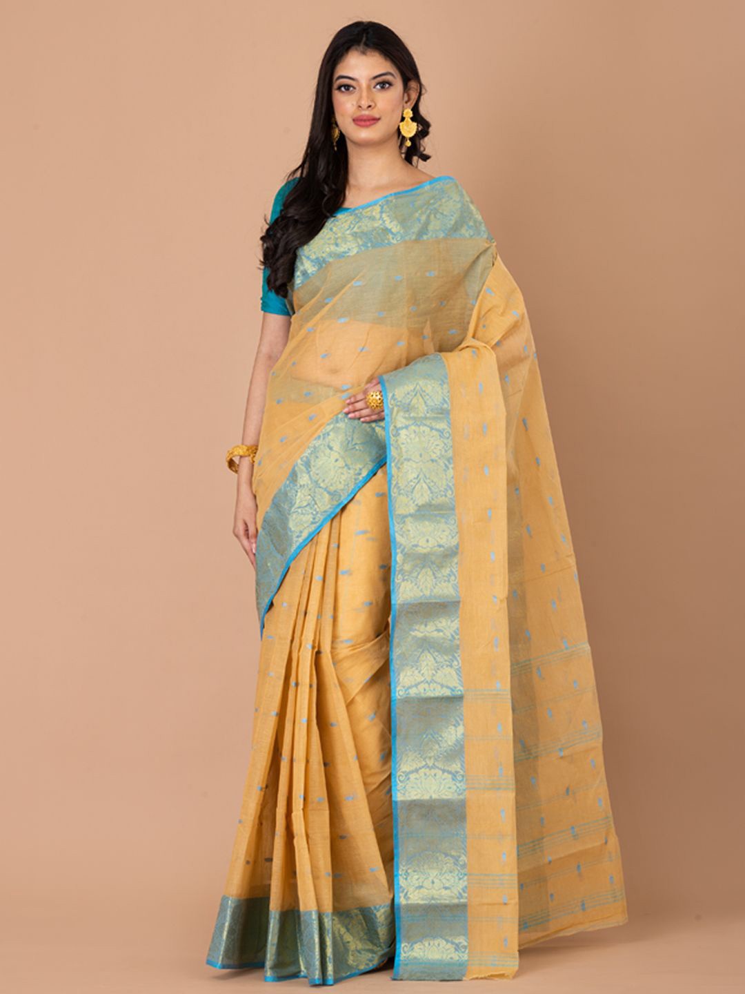 

Laa Calcutta Ethnic Motifs Zari Pure Cotton Taant Saree, Beige