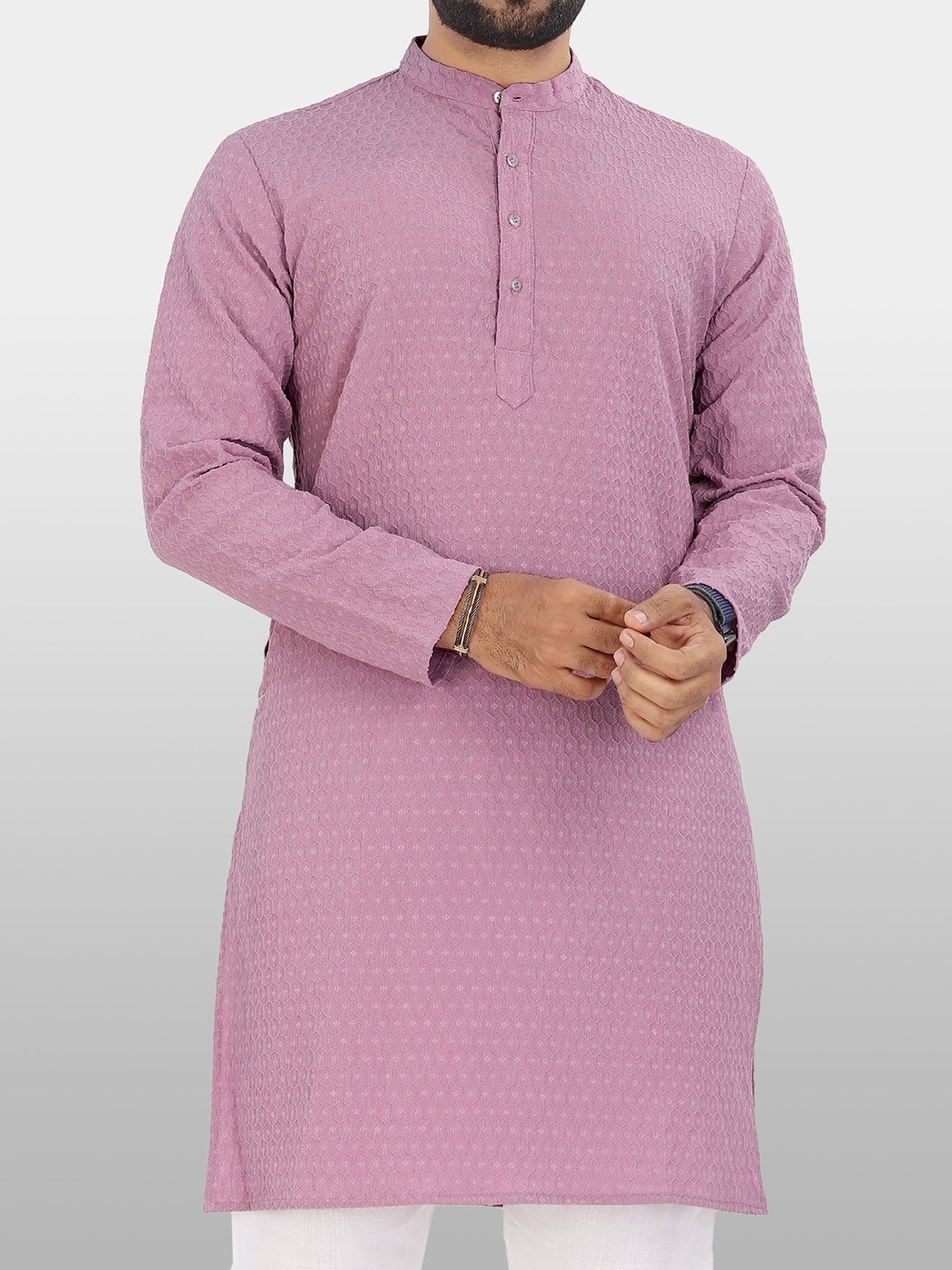 

VeBNoR Men Thread Work Dobby Kurta, Pink
