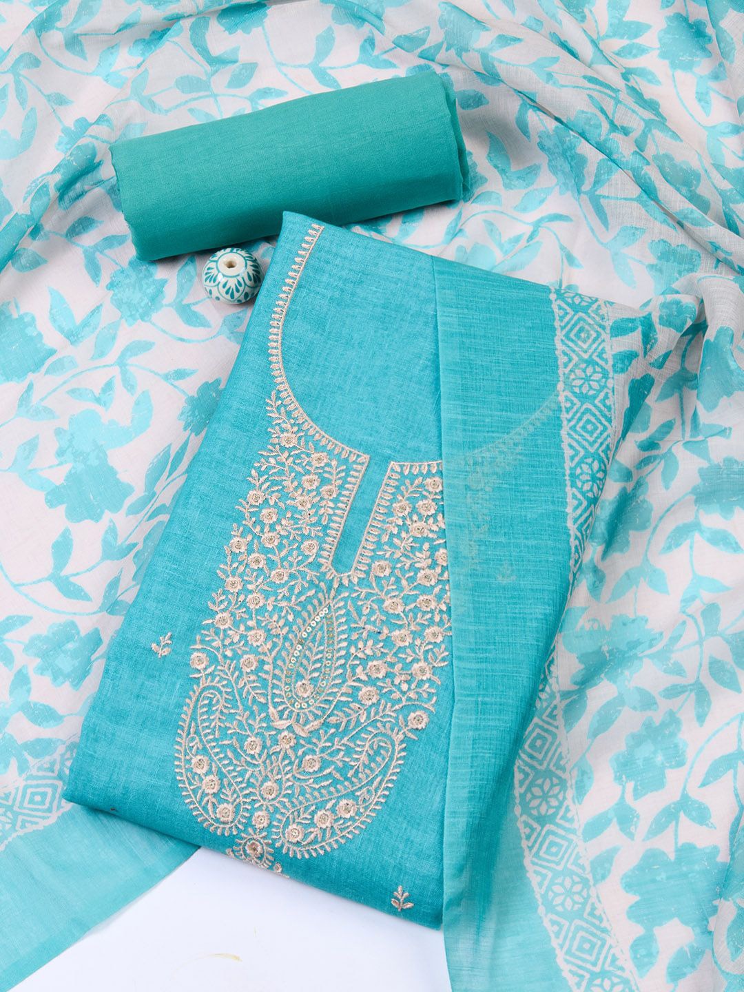 

Meena Bazaar Printed Linen Unstitched Dress Material, Turquoise blue