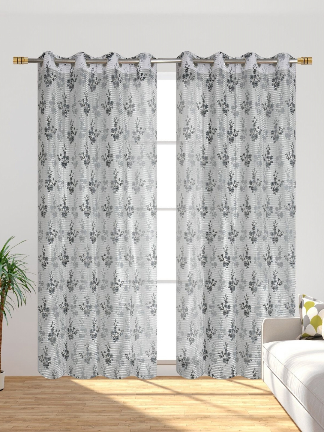 

Galaxy Home Decor Grey & Transparent 2 Pieces Floral Printed Sheer Long Door Curtains