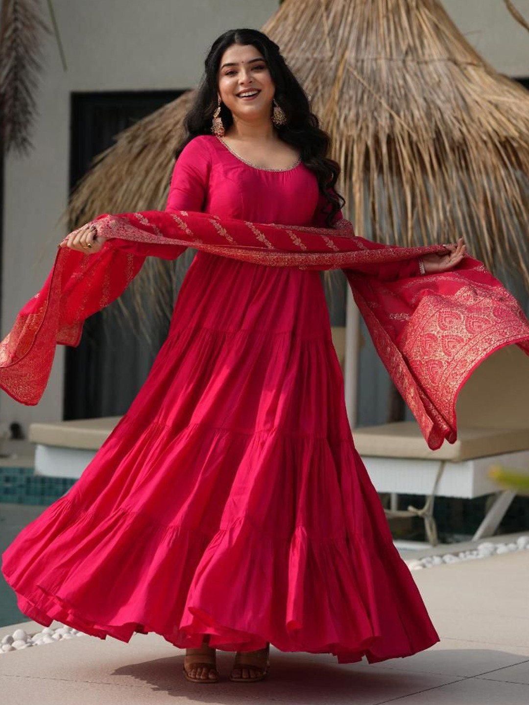 

Tilton Chanderi Silk Ruffle Flared Gown With Trouser and Heavy Banarasi Dupatta, Pink