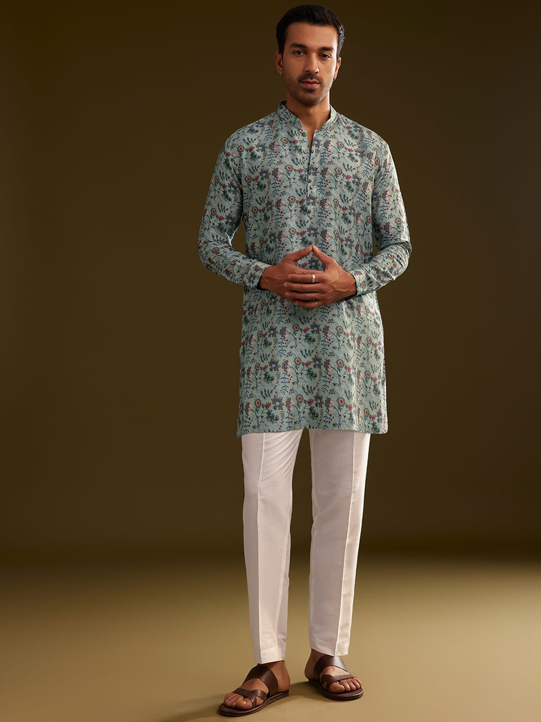 

KALKI Fashion Men Floral Printed Regular Kurta with Trousers, Green