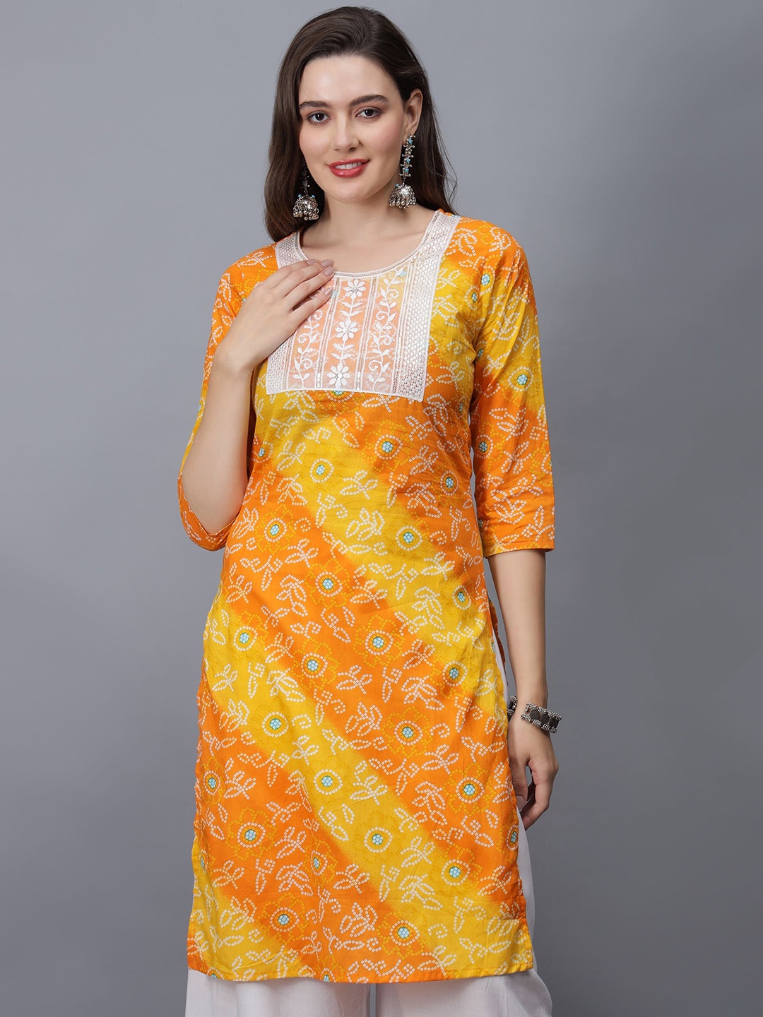 

ETRAANA Printed Pure Cotton Round Neck Kurta, Yellow
