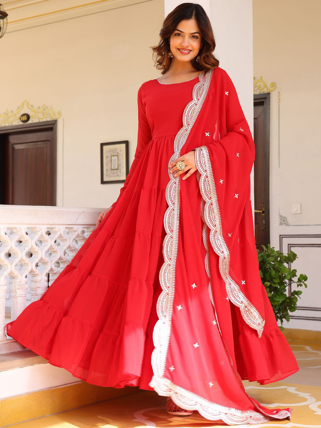 

Fashion Basket Women Regular Kurta with Trousers & With Dupatta, Red