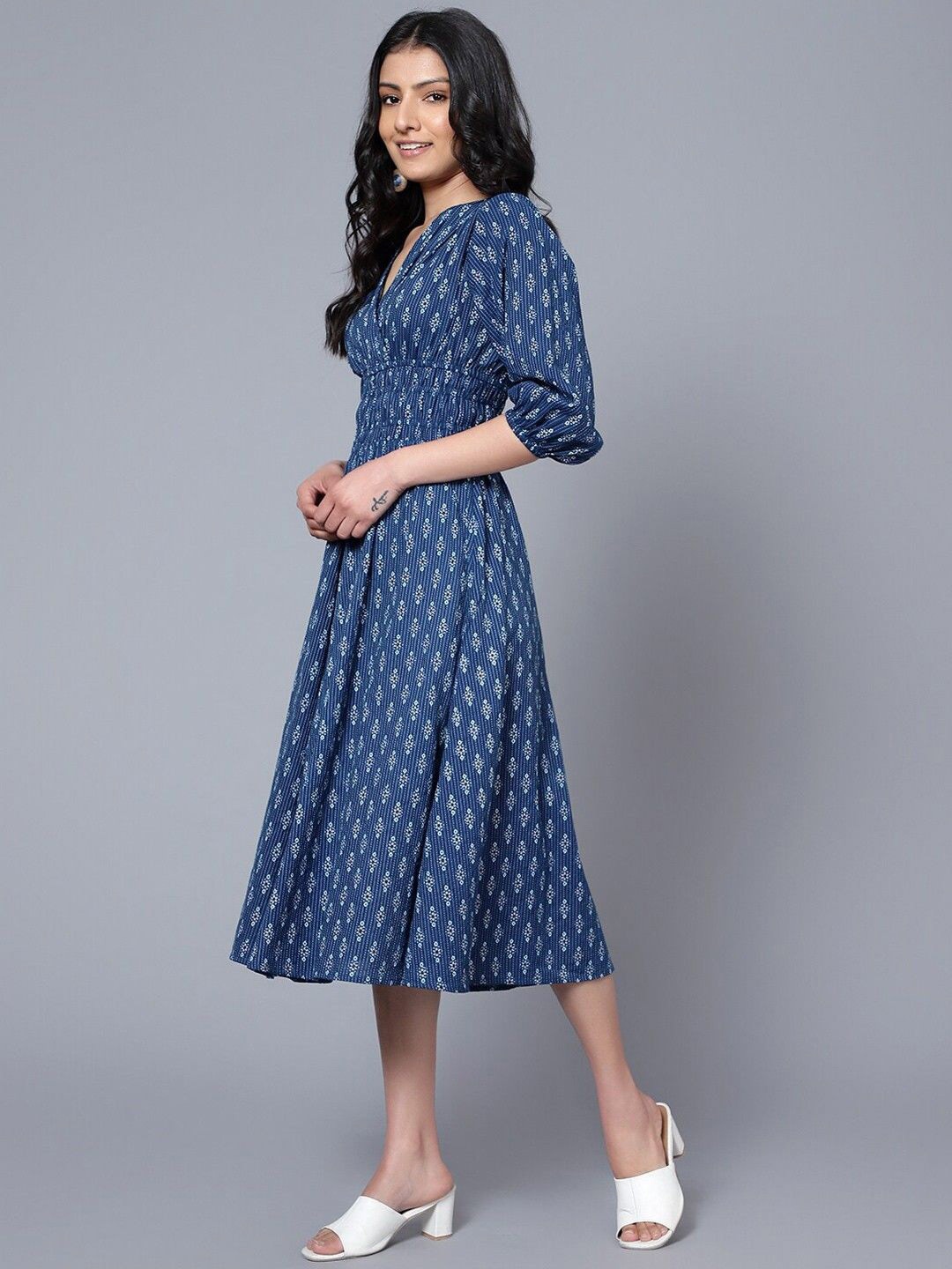 

Jash Creation Women Floral Printed Fit & Flare Midi Dress, Navy blue