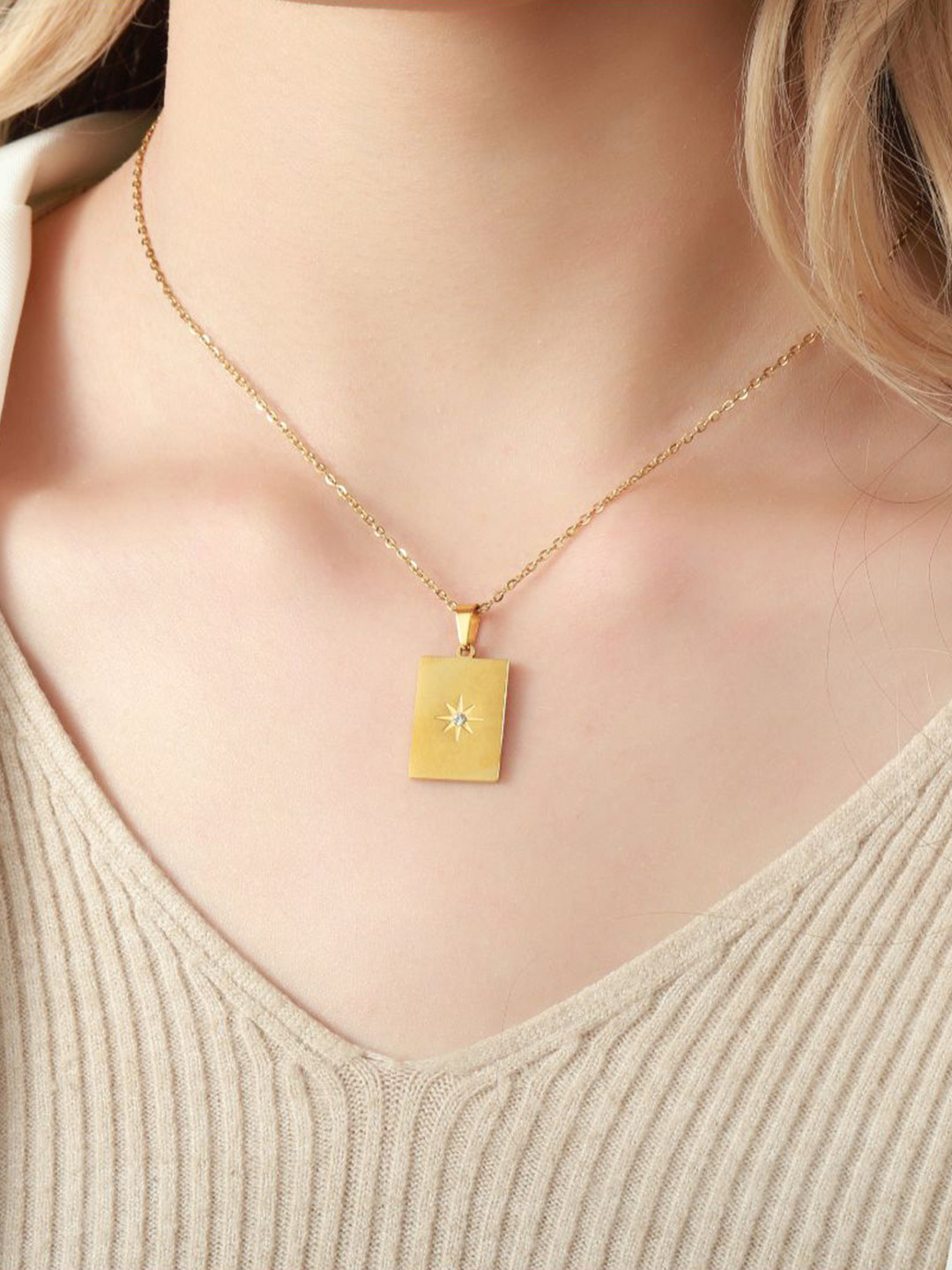

SALTY Gold Plated Rectangle Charm Pendant With Chain
