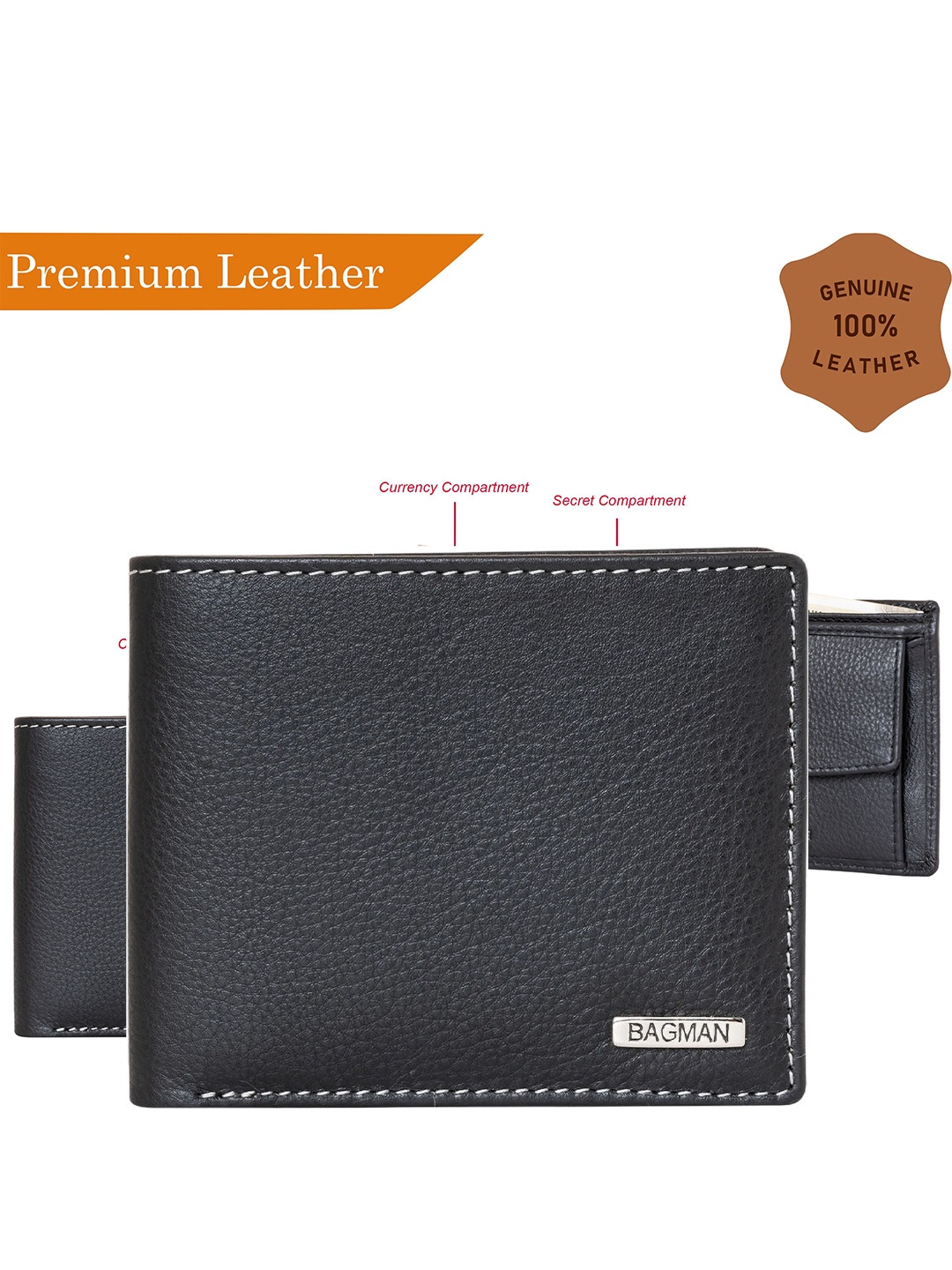 

BAGMAN Men Leather Two Fold Wallet, Black