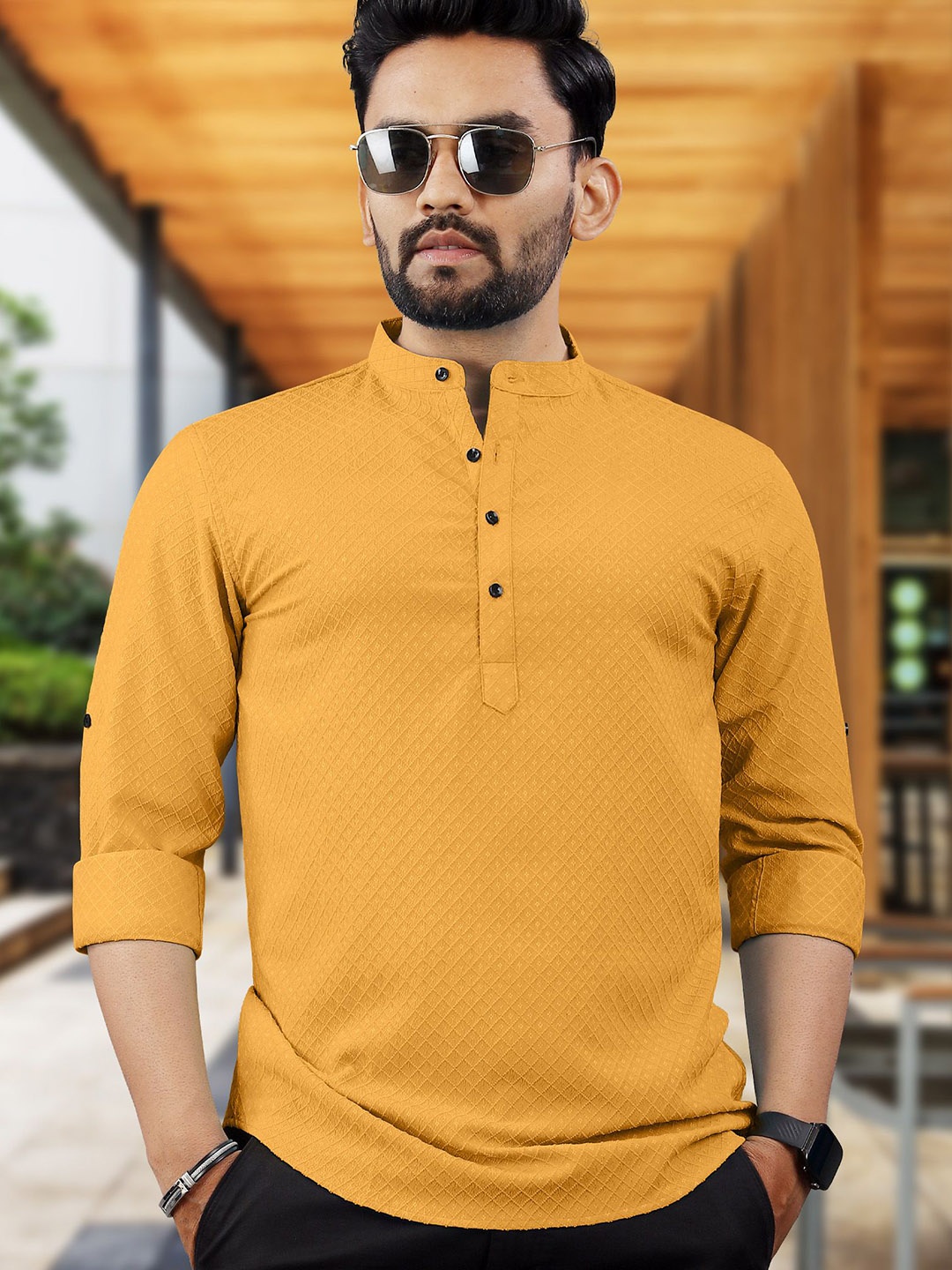 

VeBNoR Men Thread Work Dobby Kurta, Mustard