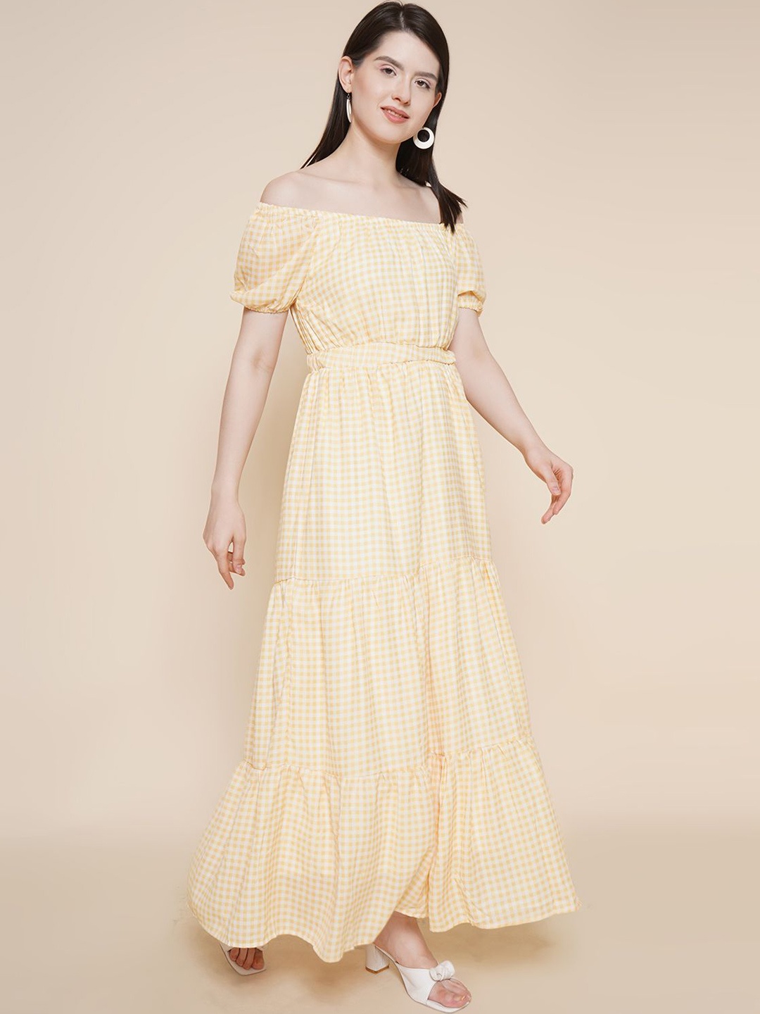 

JAKANARY Checked Off-Shoulder Crepe Tiered Fit & Flare Maxi Dress, Yellow