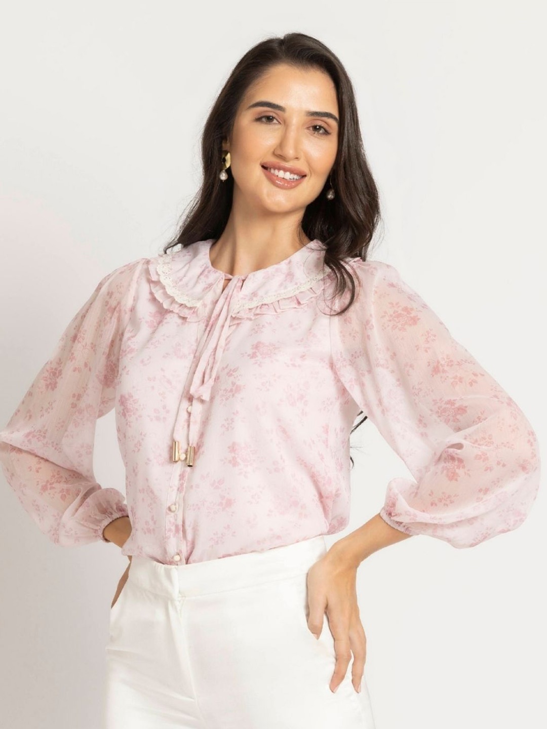 

JULO Floral Print Keyhole Neck Chiffon Top, Pink