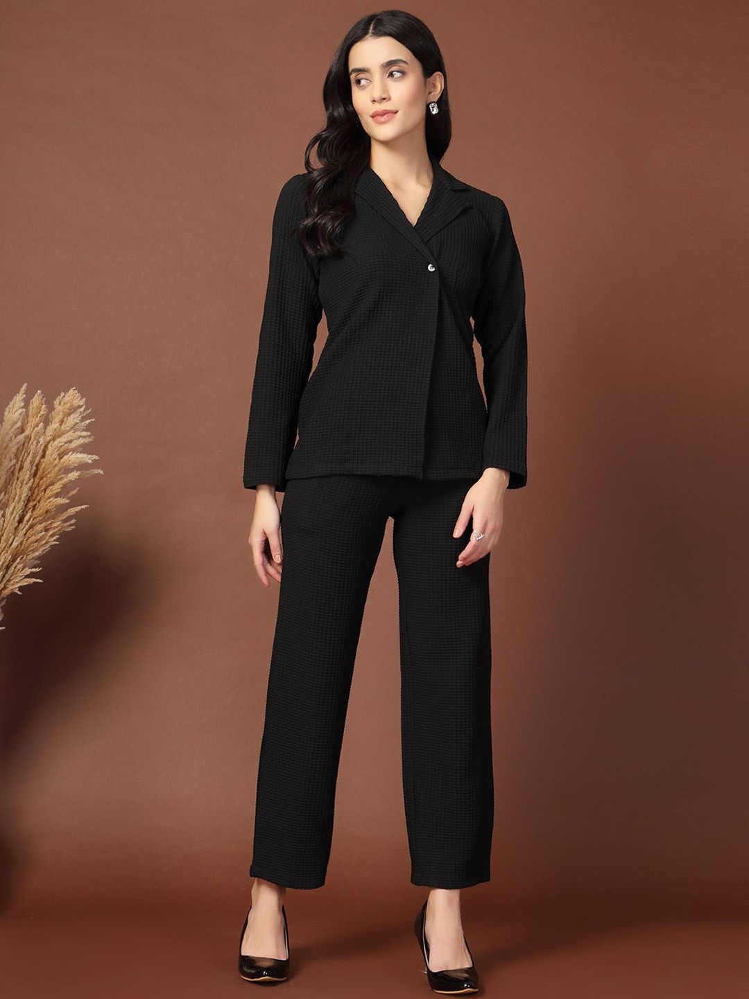 

KATLINE Shirt Collar Top Blazer With Trousers Co-Ords Set, Black