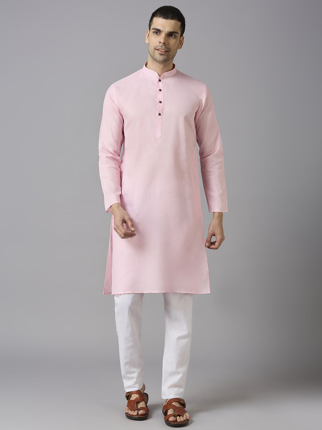 

John Philips Men Striped Thread Work Kurta, Pink
