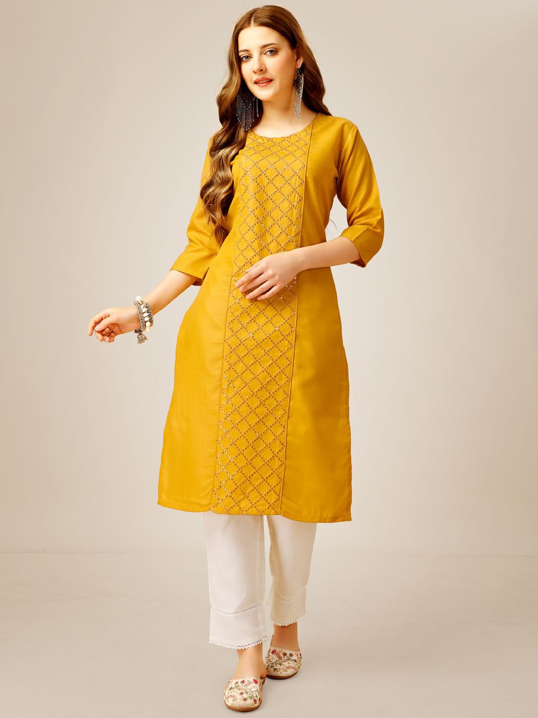 

HERE&NOW Women Embroidered Panelled Kurta with Churidar, Yellow