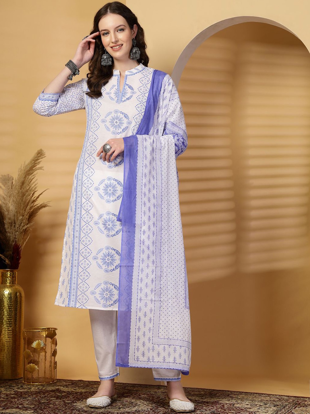 

Clora Creation Printed Pure Cotton Three Quarter Sleeves Kurta & Trousers With Dupatta, Blue