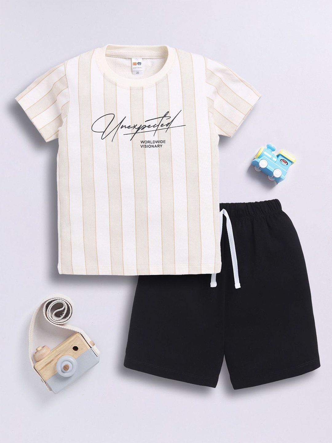

LITTLE NINJA Boys Printed Round Neck Pure Cotton Top With Shorts, Beige