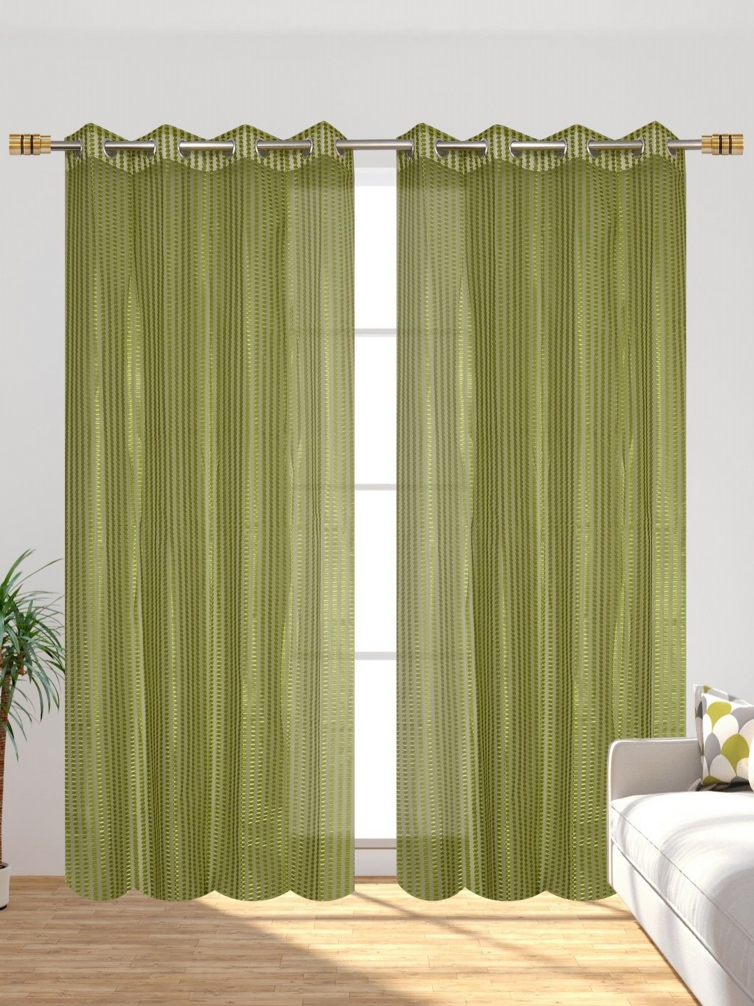 

Galaxy Home Decor Green & Transparent 2 Pieces Striped Sheer Window Curtains