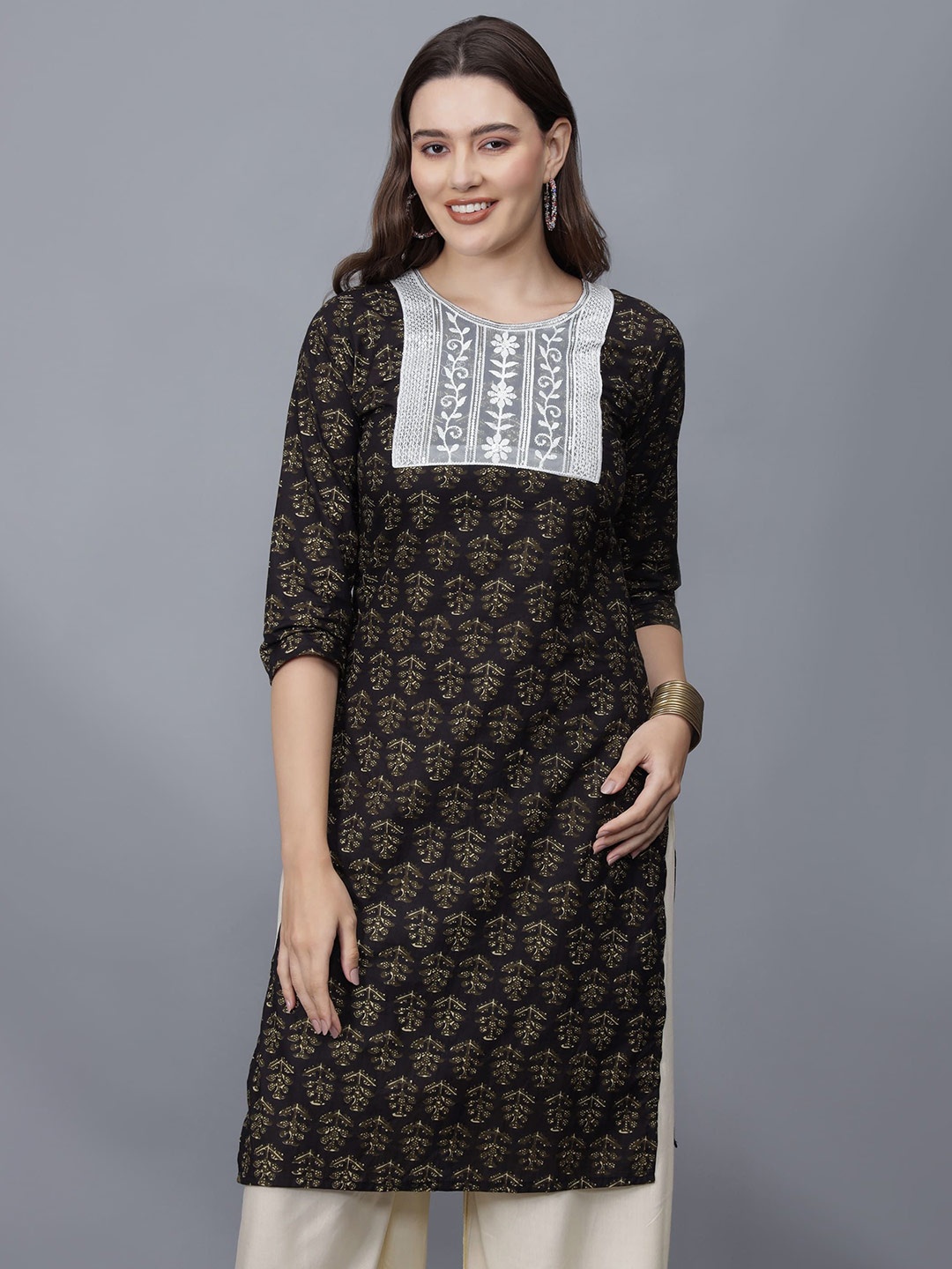 

ETRAANA Printed Pure Cotton Round Neck Kurta, Black
